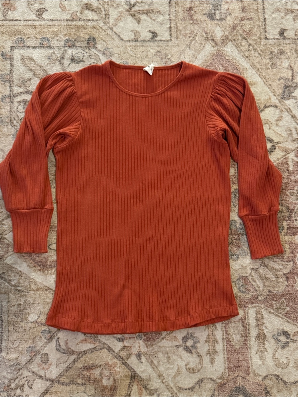 kate quinn Rust Ribbed Puff-Sleeve Long Sleeve Top